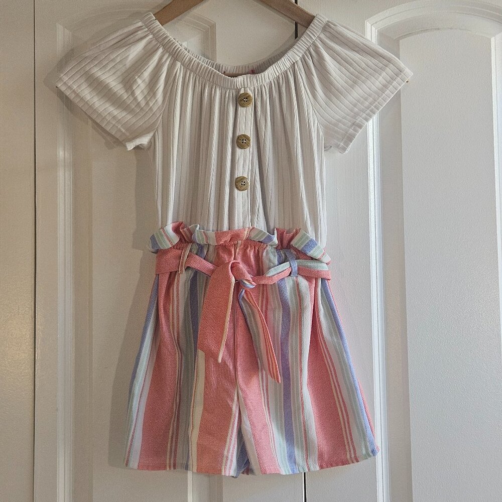 Share PaperDoll Girls Size 10/12 Romper Stripes Paperbag Tie Waist Coastal Prepp